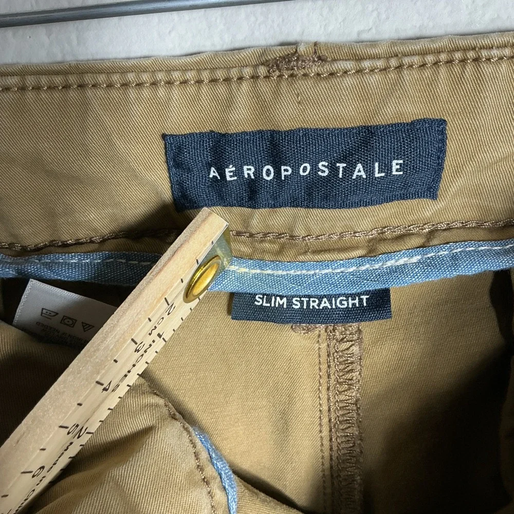 Aeropostale Chinos Mens 29/30 Khaki Tan Slim Straight Distressed Ripped‎ Pants